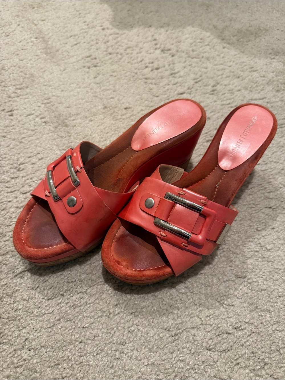 Donald J. Pliner Coral Slide Wedge Mules with Silver Buckle